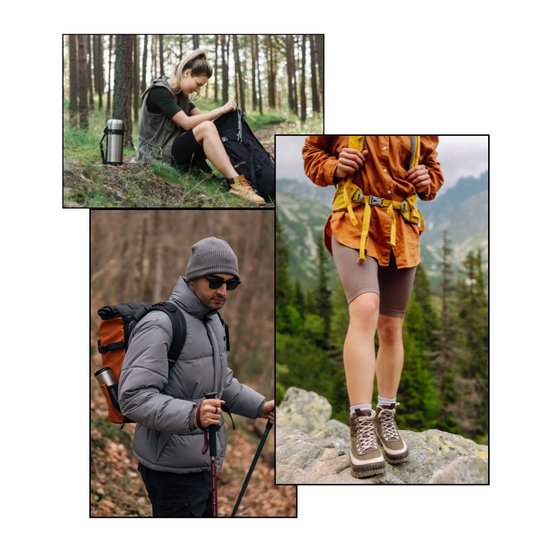 Collage of people hiking in a forest with backpacks and outdoor gear.