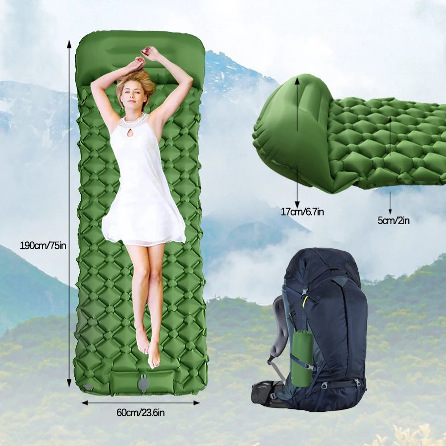 Inflatable Camping Sleeping Pad With Pillow Ultralight Air Mattress Pump