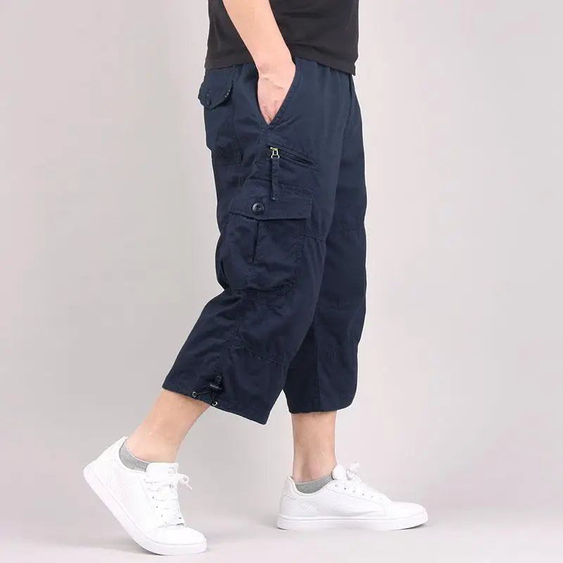 Men Cargo Shorts Elastic Waist Loose Summer Multi Pocket Casual