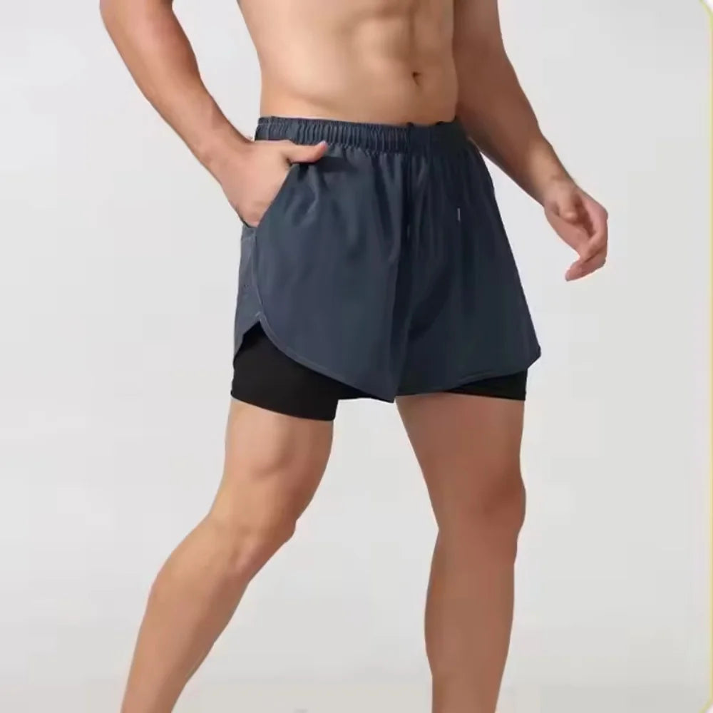 Men 2-in-1 Quick Dry Training Running Beach Sports Shorts