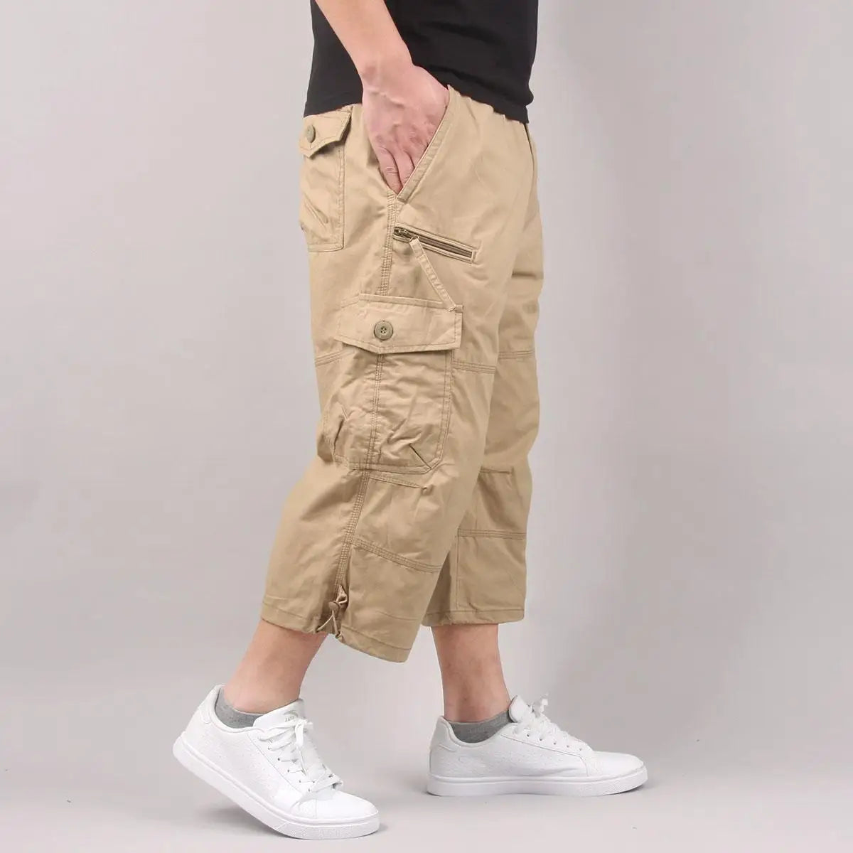 Men Cargo Shorts Elastic Waist Loose Summer Multi Pocket Casual