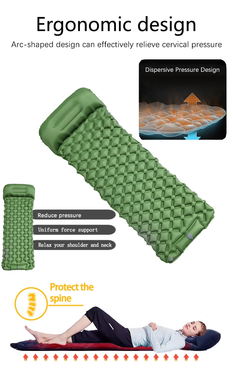 Inflatable Camping Sleeping Pad With Pillow Ultralight Air Mattress Pump