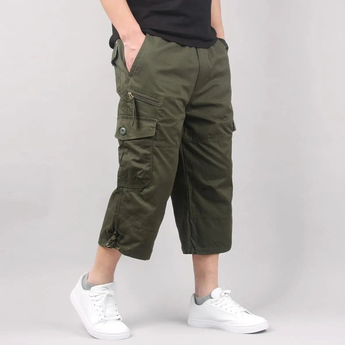 Men Cargo Shorts Elastic Waist Loose Summer Multi Pocket Casual