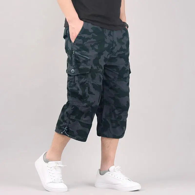 Men Cargo Shorts Elastic Waist Loose Summer Multi Pocket Casual