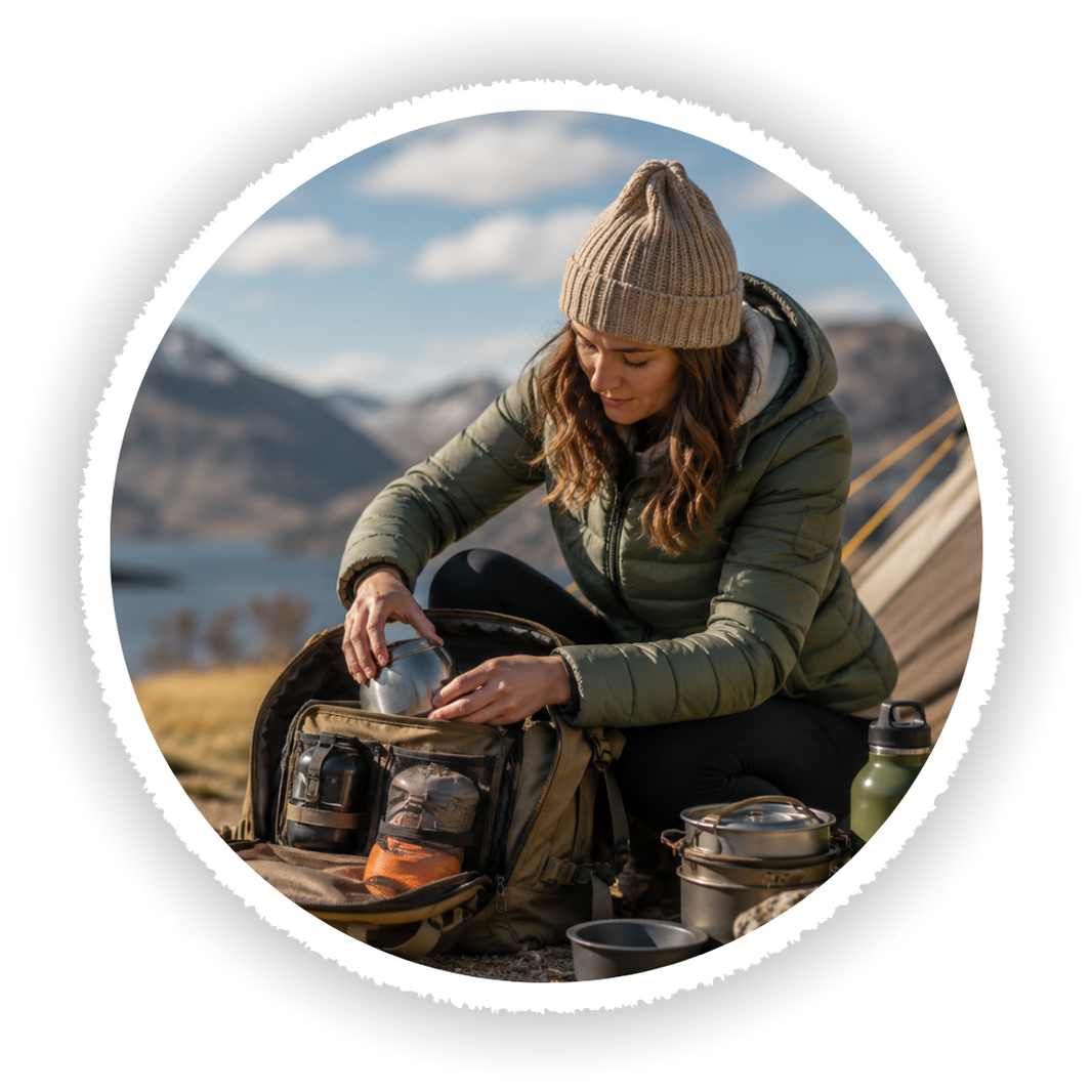 Person preparing a meal outdoors with mountains in the background