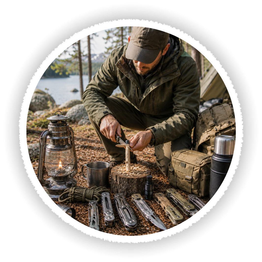 Man in outdoor setting with camping gear and tools
