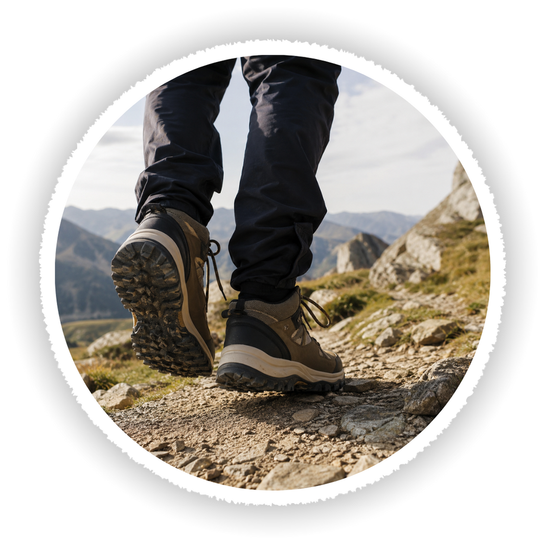 Hiking boots on a rocky trail with mountains in the background