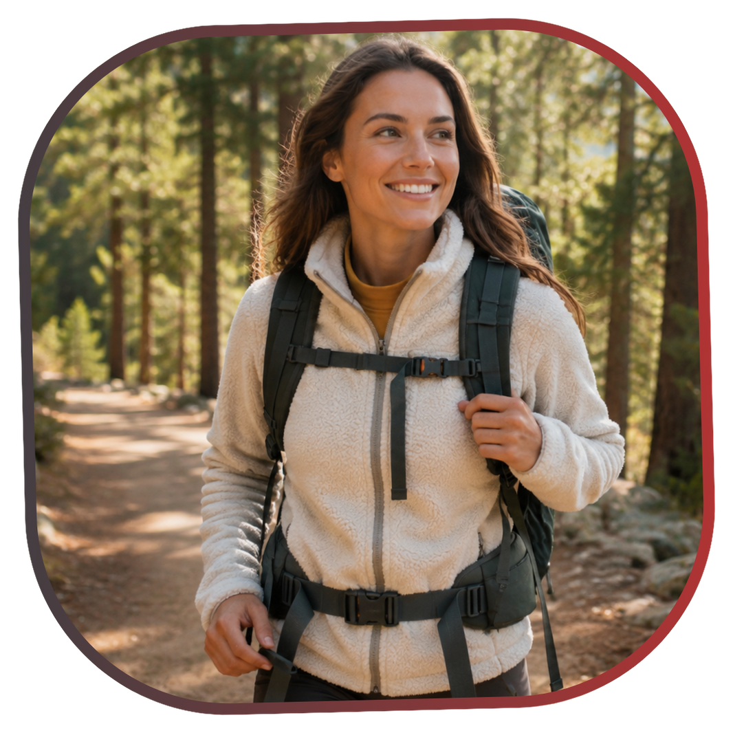 Woman with a backpack hiking through a forest